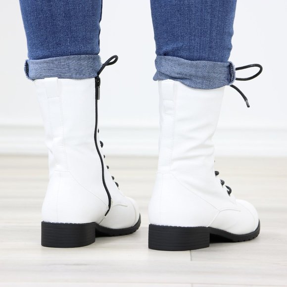 White Synthetic Leather Low Heel Round Toe Above Ankle Combat Boots - Picture 6 of 13